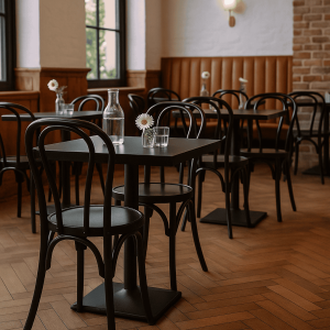 Super-Seat | Jazz horeca design stapelstoelen petrol groen | Donkergroene stapelstoelen en vierkante tafels, hout, bakstenen muren, grote ramen. | Horecameubilair
