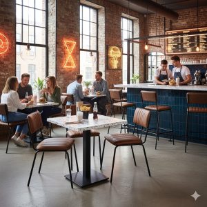 Super-Seat | Aviator horeca stapelstoelen cognac Bakstenen muren, neon, grote ramen. Cognackleurige leren stoelen bij tafels en bar. | Horecameubilair