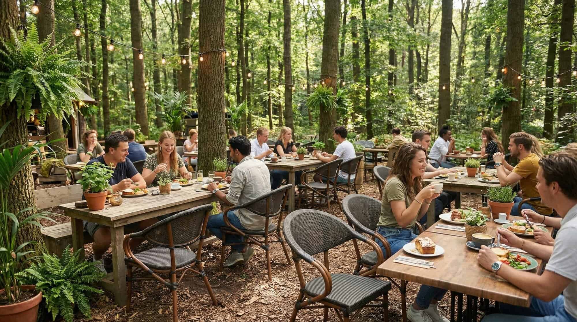 Super-Seat | Stoelen en Tafels in Bosrestaurant | Bruine Textiel stapelstoelen met armleuningen en houten tafels tussen bomen en lichtjes. | Horecameubilair