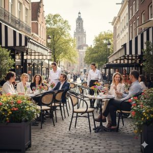 Super-Seat | Chopin Noir Thon (terras) stapelstoelen | Zwarte webbing stoelen met armleuning, metalen frame, buiten aan stenen tafels. | Horecameubilair