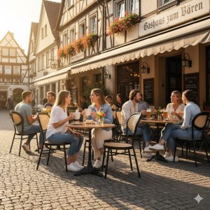 Super-Seat | Zwarte webbing stapelstoelen en metalen tafels buiten op een straat met bloemenbakken. | Horecameubilair