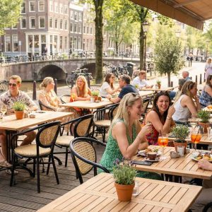 Super-Seat | Zwarte webbing stoelen met armleuning en metalen tafels buiten aan het water, relaxed sfeertje. | Horecameubilair