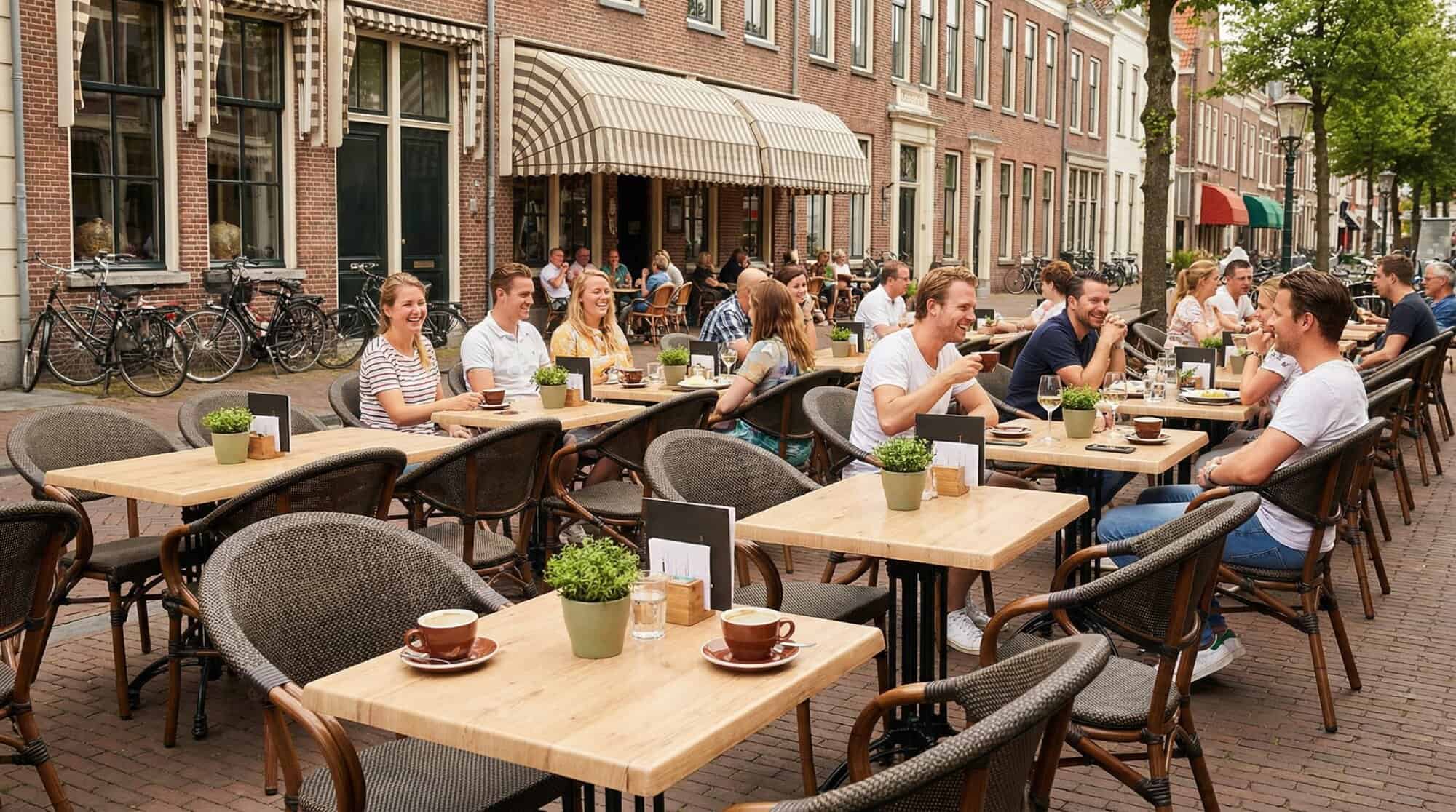 Super-Seat | Bruine textiel stapelstoelen, houten tafels, buiten op klinkers. | Horecameubilair