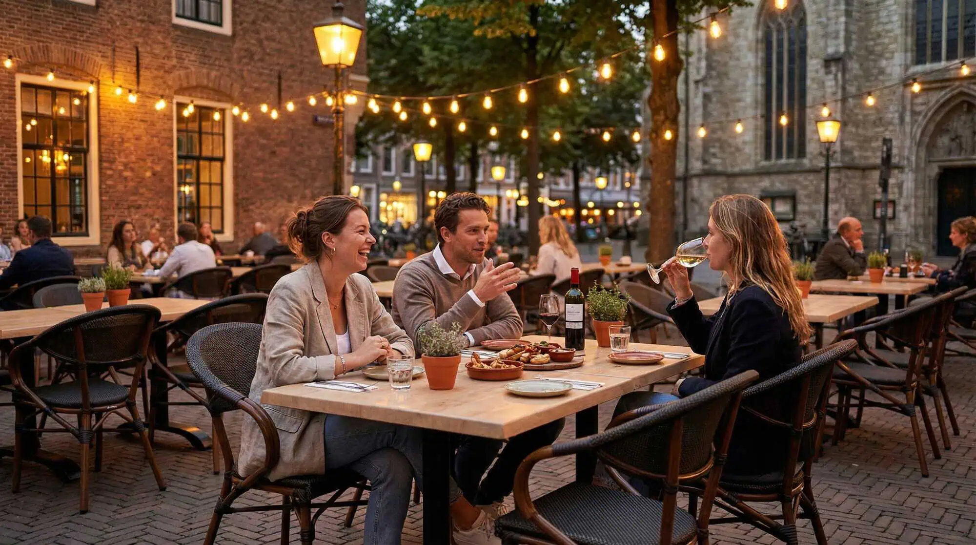 Super-Seat | Wat je gaat tegenkomen zijn stoelen, tafels, barkrukken, picknick tafels en andere soort tafels en stoelen. | Bruin gebogen horeca stapelstoelen van textiel met armleuning rond houten tafel buiten onder lichtsnoeren. | Horecameubilair