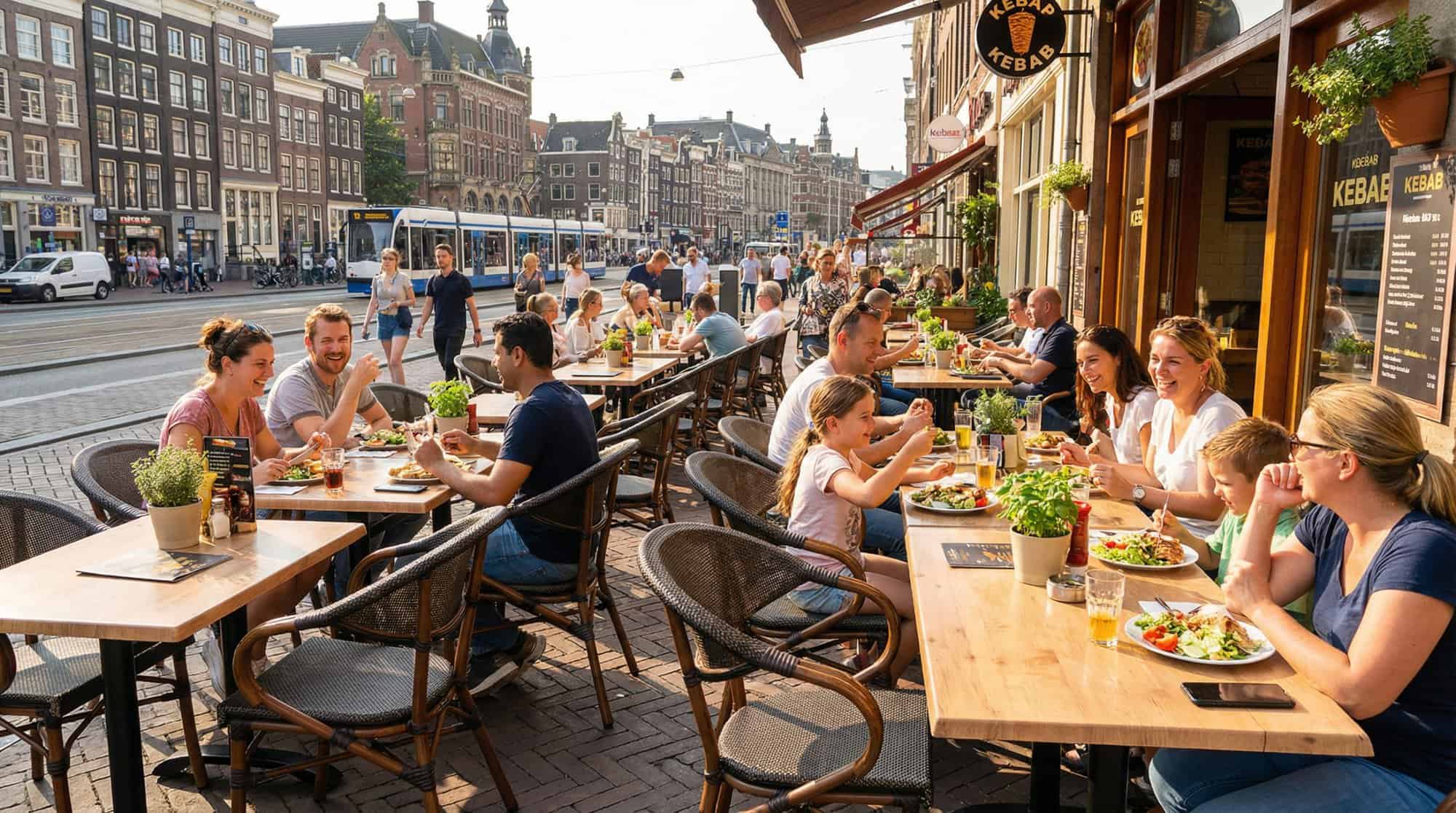 Super-Seat | Textiel horeca (terras) stapelstoelen gebogen bruin met arm | Bruine gebogen stapelstoelen van textiel, metalen tafel, buiten. | Horecameubilair