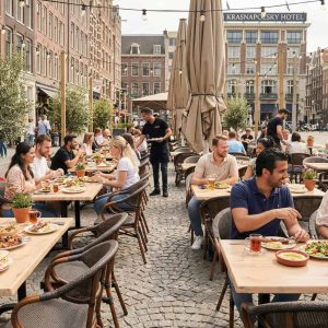 Super-Seat | Terrasstoelen Textileen Stapelstoel Gebogen Bruin met Arm | Bruine textielen stoelen met armleuningen en metalen tafels op het plein. | Horecameubilair