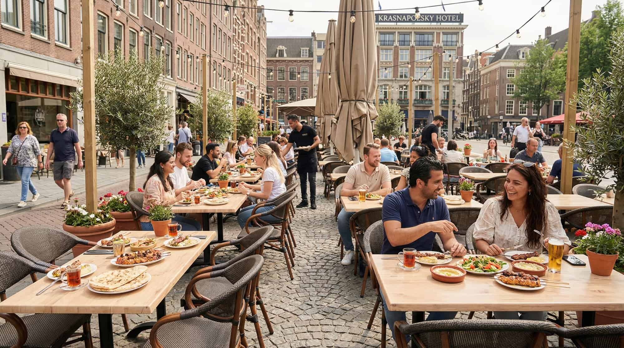 Super-Seat | Terrasstoelen Textileen Stapelstoel Gebogen Bruin met Arm | Bruine textielen stoelen met armleuningen en metalen tafels op het plein. | Horecameubilair