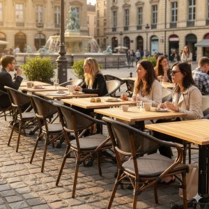 Super-Seat | Bruine kunststof stapelstoelen en tafels op een plein tussen oude gebouwen. | Horecameubilair
