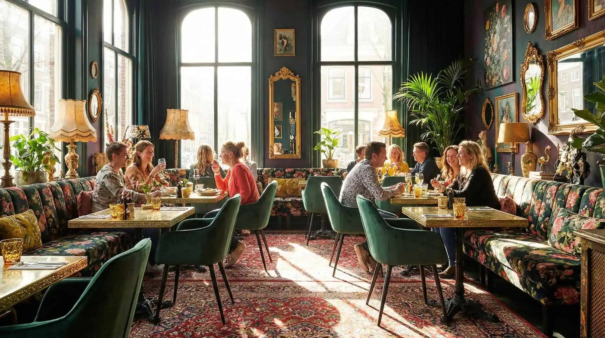 Super-Seat | Diamond fluwelen horeca stoelen groen Fluwelen groene stoelen, houten tafels, gebloemde bekleding, zonlicht en grote ramen. | Horecameubilair