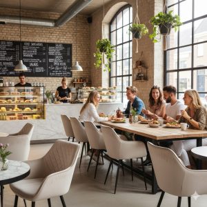 Super-Seat | Champagne fluwelen stoelen, marmeren tafel, houten barkrukken, planten in modern café. | Horecameubilair