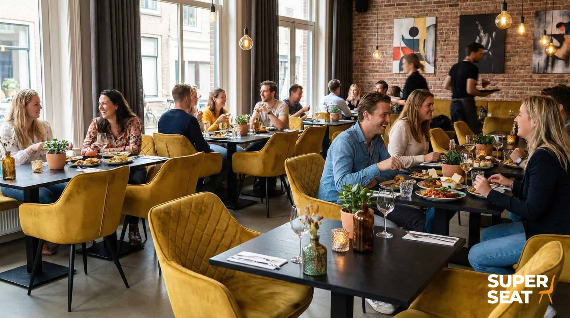 Super-Seat | Diamond fluwelen horeca stoelen oker | Fluwelen okergele stoelen en houten tafels sieren het moderne restaurant met planten en grote ramen. | Horecameubilair