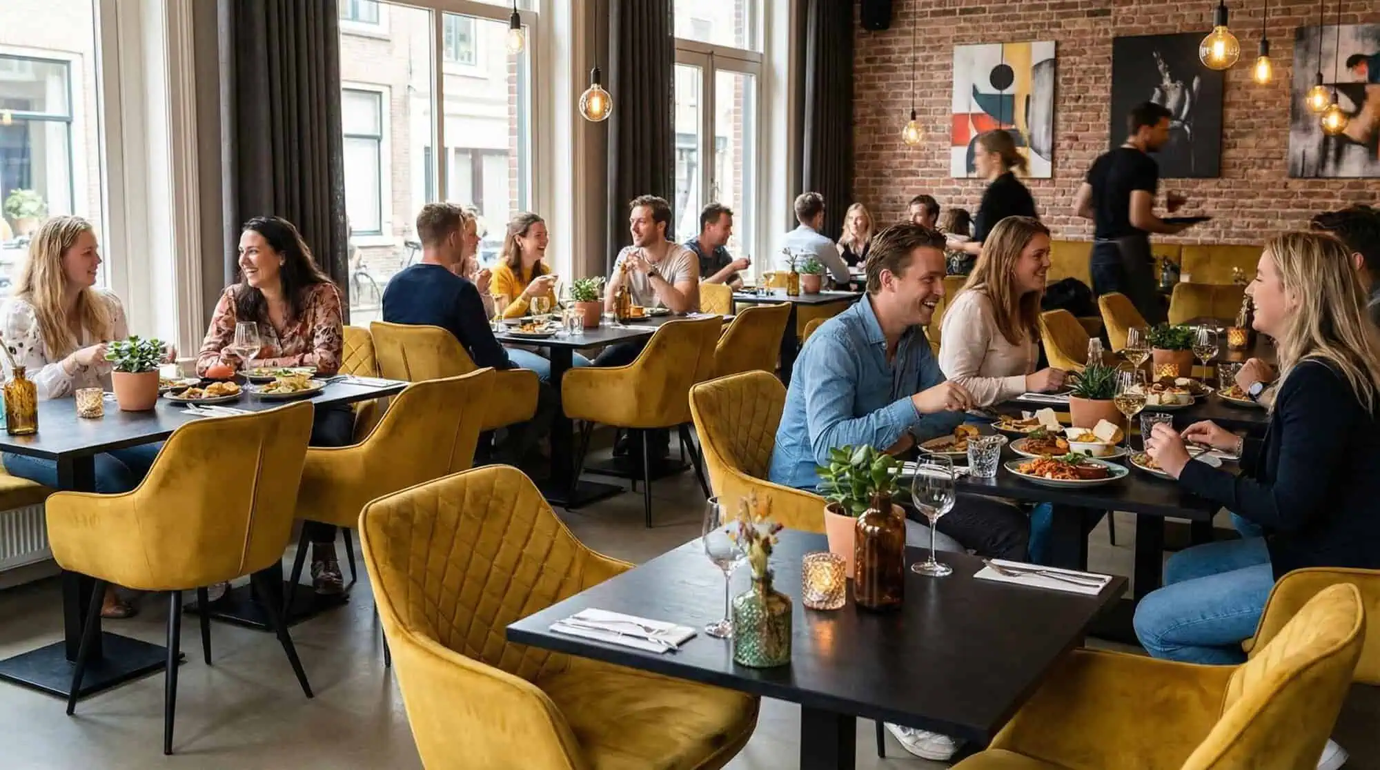 Super-Seat | Diamond fluwelen horeca stoelen oker | Fluwelen okergele stoelen en houten tafels sieren het moderne restaurant met planten en grote ramen. | Horecameubilair