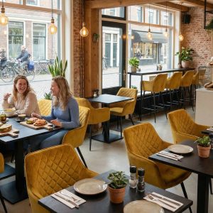 Super-Seat | Diamond horeca stoelen oker gele stoelen en houten tafels in modern café met grote ramen en groen. | Horecameubilair