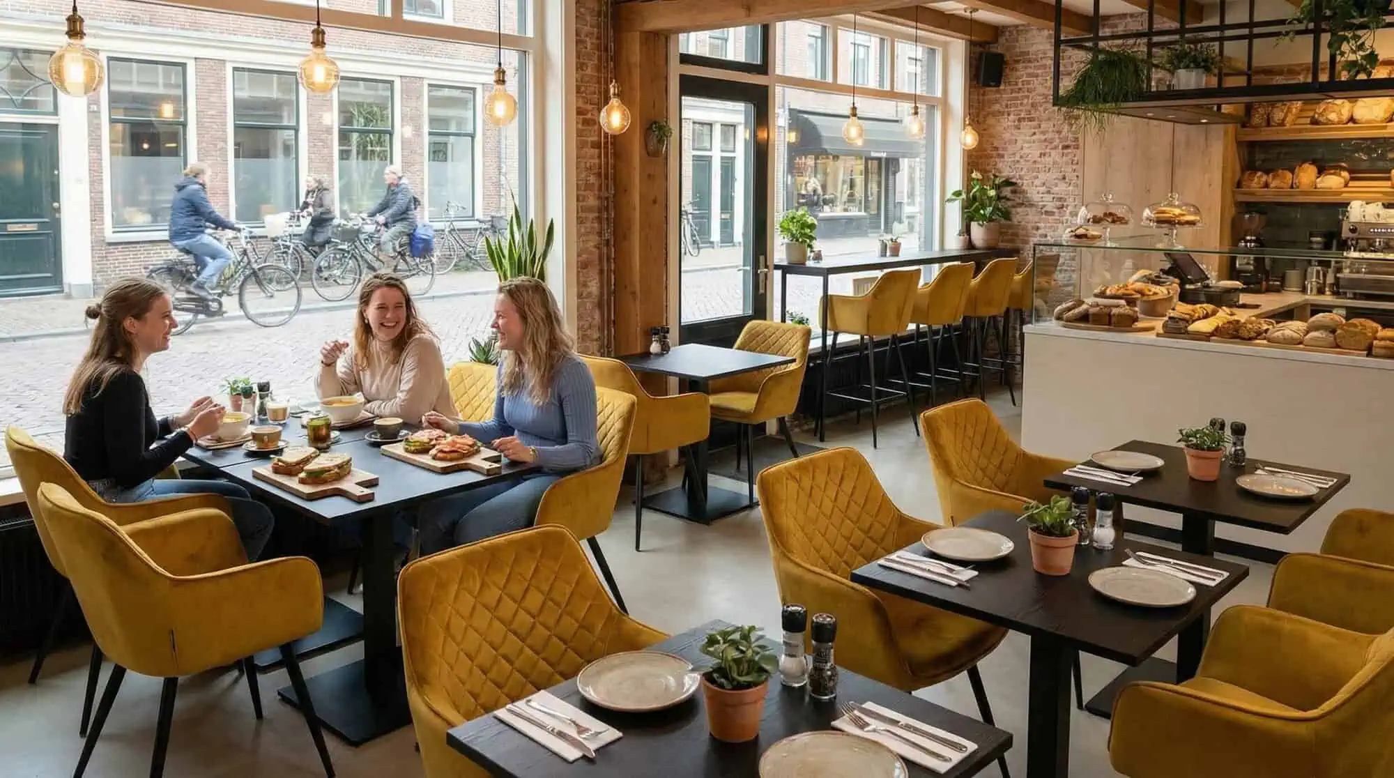 Super-Seat | Diamond horeca stoelen oker gele stoelen en houten tafels in modern café met grote ramen en groen. | Horecameubilair