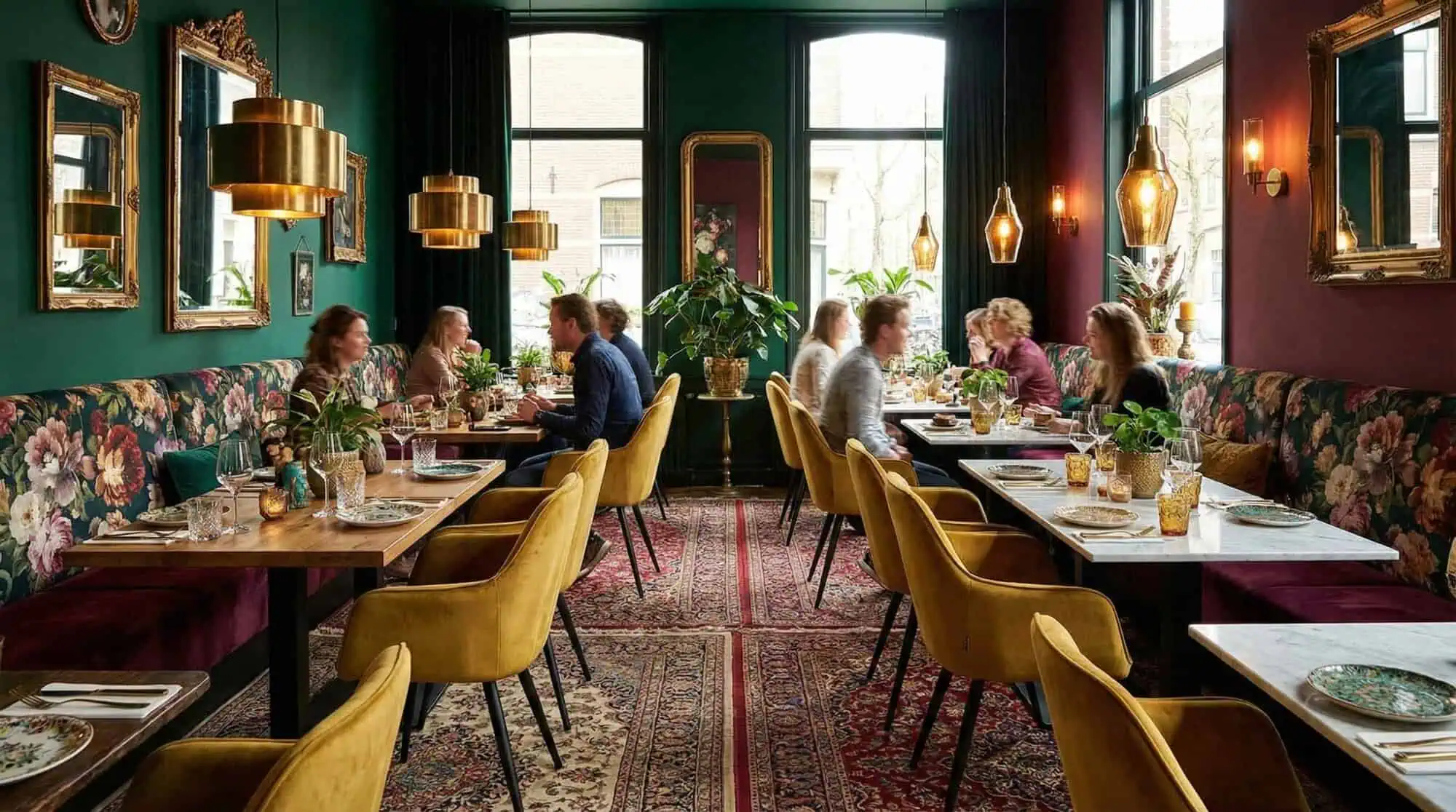 Super-Seat | Horeca Stoelen | Fluwelen horeca stoelen in okergeel, houten tafels, spiegels op donkergroene wanden, goudkleurige lampen. | Horecameubilair