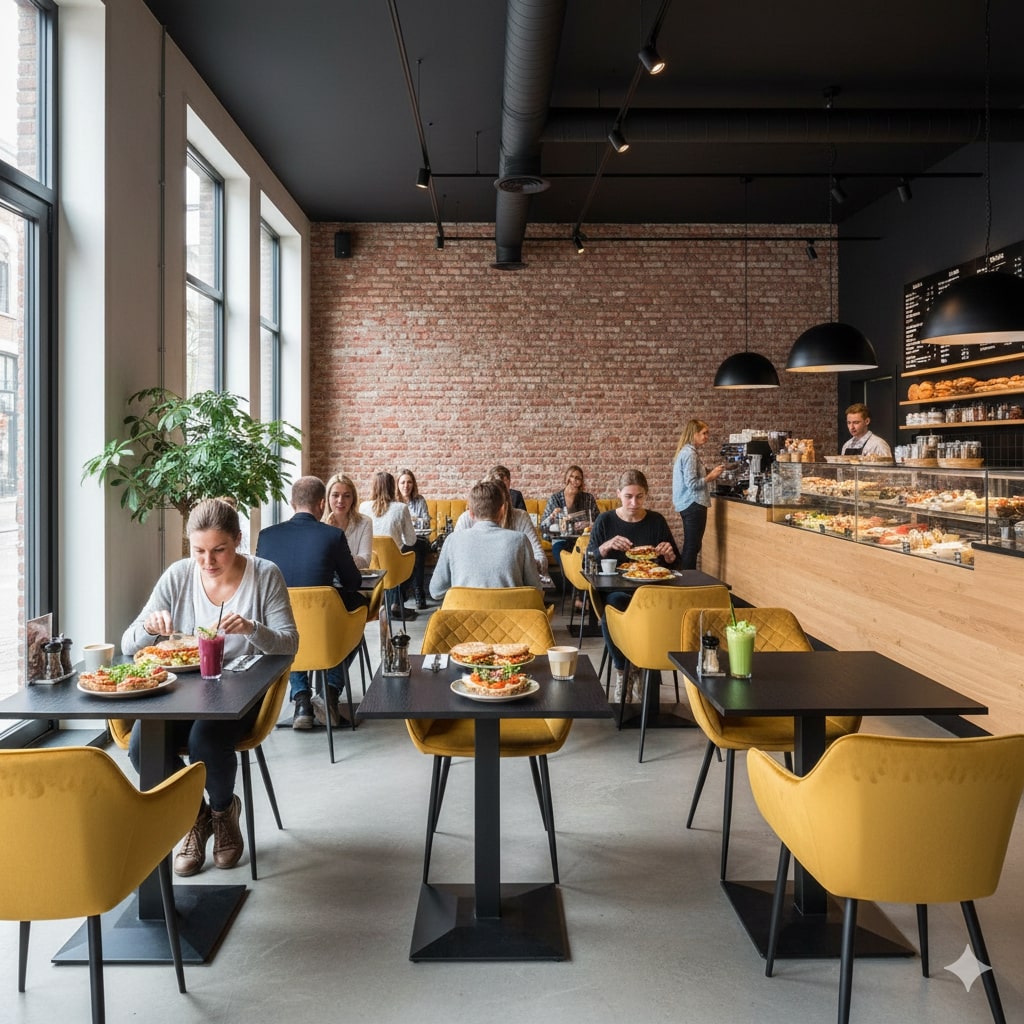 Super-Seat | Diamond fluwelen horeca stoelen oker | Okergele velvet stoelen, houten tafels, grote ramen en bakstenen muur, barista op de achtergrond. | Horecameubilair