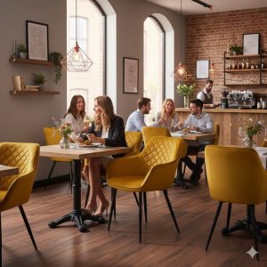 Super-Seat | Diamond fluwelen horeca stoelen oker | Oker fluwelen stoelen, houten tafels, barkrukken; houten vloer, bakstenen muur |. | Horecameubilair