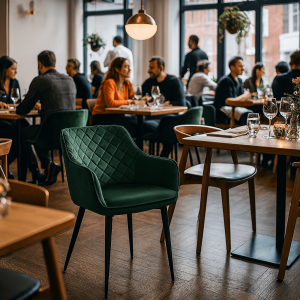 Super-Seat | Diamond fluwelen horeca stoelen groen Groene fluwelen stoelen bij houten tafel, glaswerk en bestek in levendig restaurant. | Horecameubilair