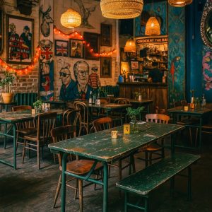 Super-Seat | Een gezellig café met rustieke groene vintage veldtafels, olijfkleurige leger klaptafels & houten stoelen Groene metalen tafels, olijfkleurige klaptafels, houten stoelen, muurschilderingen, zitbanken. | Horecameubilair