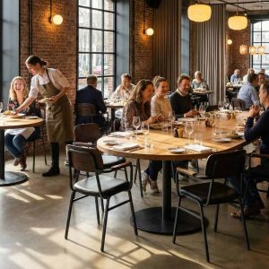 Super-Seat | Maxwell Horeca Armstoelen Cognac | Cognackleurige leren stoelen en ronde houten tafels in licht restaurant met bakstenen muren. | Horecameubilair