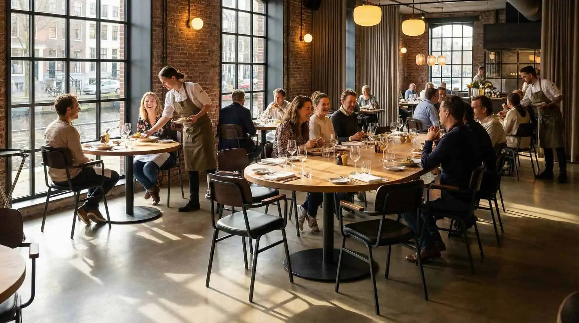 Super-Seat | Maxwell Horeca Armstoelen Cognac | Cognackleurige leren stoelen en ronde houten tafels in licht restaurant met bakstenen muren. | Horecameubilair