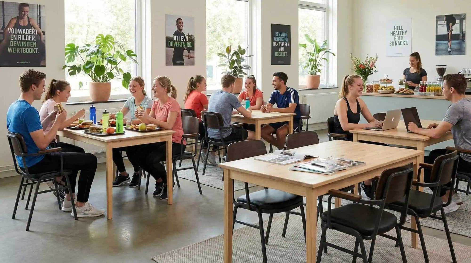 Super-Seat | Cognackleurige leren armstoelen, houten tafels, pootplanten en posters in moderne kantine. | Horecameubilair