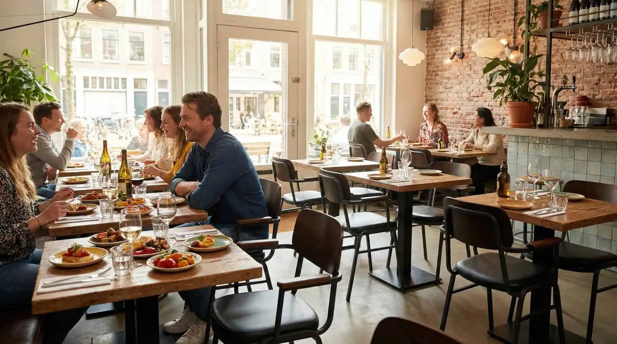 Super-Seat | Cognackleurige leren stoelen, houten tafels, grote ramen, veel licht en groene planten. | Horecameubilair