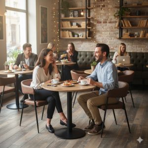 Super-Seat | Zwarte leren armstoelen en houten tafels in warme, bakstenen caféomgeving met gezellige sfeer. | Horecameubilair