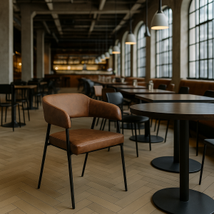 Super-Seat | Maxwell horeca armstoelen cognac en ronde zwarte tafels | Cognackleurige leren stoelen, zwarte metalen tafels, modern interieur. | Horecameubilair