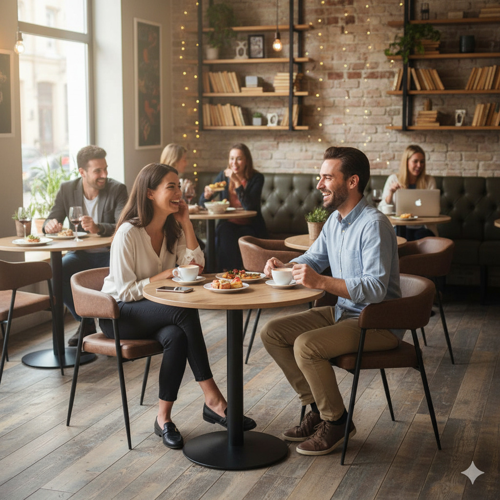 Super-Seat | Zwarte leren armstoelen en houten tafels in warme, bakstenen caféomgeving met gezellige sfeer. | Horecameubilair
