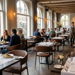 Super-Seat | Cognacleren Maxwell stoelen, houten balken, tafels met witte lakens, grote ramen, daglicht en bloemen. | Horecameubilair