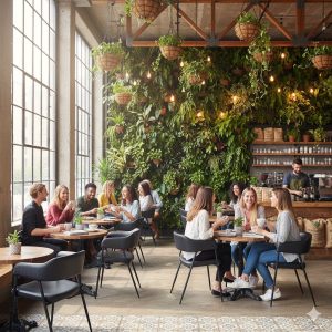 Super-Seat | Zwarte stoelen van kunstleer, houten tafels en barkrukken in lichte, moderne cafésetting. | Horecameubilair