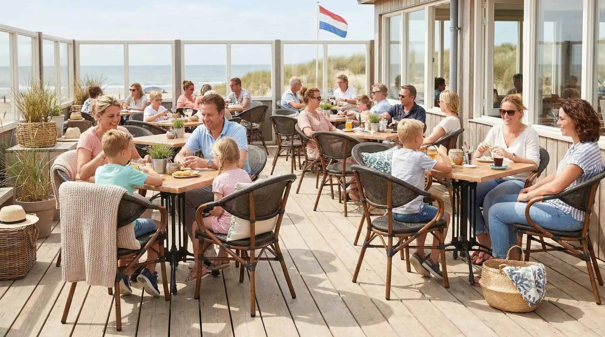 Super-Seat | Terrasstoelen, tafels en barkrukken voor buiten Bruine, kunststof en metalen terrasstoelen en tafels op houten strandterras. | Horecameubilair