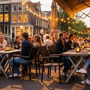 Super-Seat | Zwarte textiel stoelen met armleuningen, metalen tafels op kinderkopjes terras. | Horecameubilair