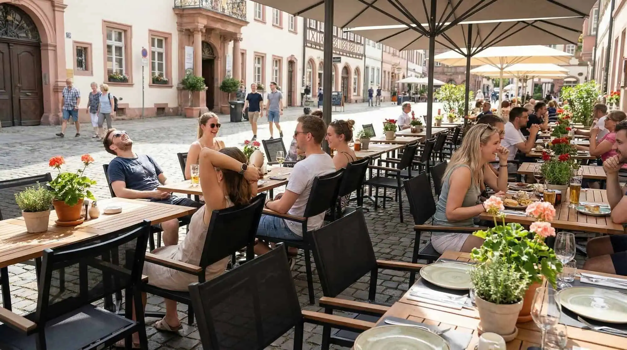 Super-Seat | Terrasstoelen Sunny Zwart | Zwarte textileen stoelen met armleun, metalen tafels, houten plantenbakken en parasols op straat. | Horecameubilair