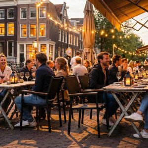 Super-Seat | Zwarte textiel stoelen met armleuningen, metalen tafels op kinderkopjes terras. | Horecameubilair