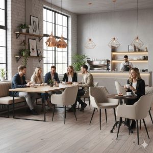 Super-Seat | Diamond fluwelen horeca stoelen champagne Zachte, champagnekleurige fluwelen stoelen rond tafels in modern café met bar en barkrukken. | Horecameubilair