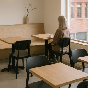 Super-Seat | Zwarte Scandinavische stoelen van hout en kunststof, houten tafel, bankje en vaas met takken. | Horecameubilair