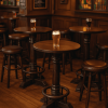 Super-Seat | Amsterdamse café statafels Donkere houten statafel, omringd door lege barkrukken en tafels met bier, sfeervol klassiek bruin café. | Horecameubilair