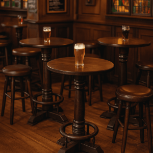 Super-Seat | Amsterdamse café statafels Donkere houten statafel, omringd door lege barkrukken en tafels met bier, sfeervol klassiek bruin café. | Horecameubilair