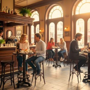 Super-Seat | Maastricht poker oud bruin café statafels | Donkere houten tafels, stoelen en barkrukken met leren zittingen in daglicht. | Horecameubilair