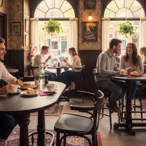 Super-Seat | Maastricht poker oud bruin café statafels | Donkere houten statafels, stoelen en barkrukken in gezellige cafésetting met vloerkleden. | Horecameubilair