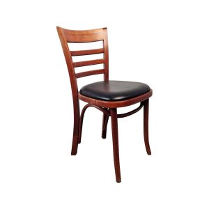 Super-Seat | The Amsterdam poker oud bruin café statafels | Bruine houten stoel met gebogen vloerkleed, horizontale latjes en zwart kussen. | Horecameubilair