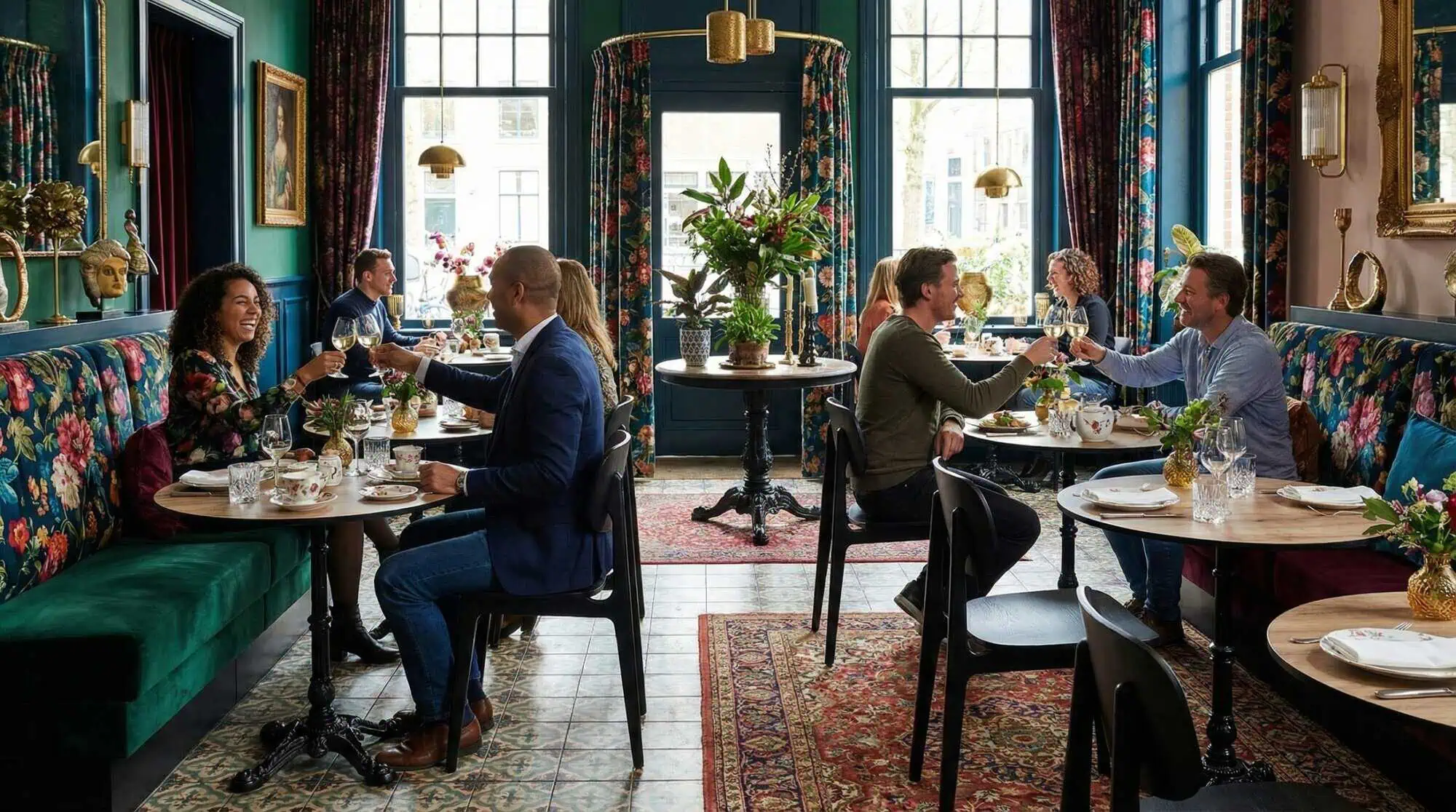 Super-Seat | Scandinavische design stoelen Bonn zwart Zwarte design stoelen en houten tafels in een licht restaurant met bloemen en grote ramen. | Horecameubilair