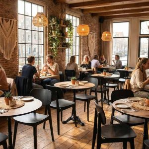 Super-Seat | Scandinavische design stoelen Bonn zwart | Zwarte stoel, houten vloer, tafels, barkrukken en planten in gezellige sfeer. | Horecameubilair