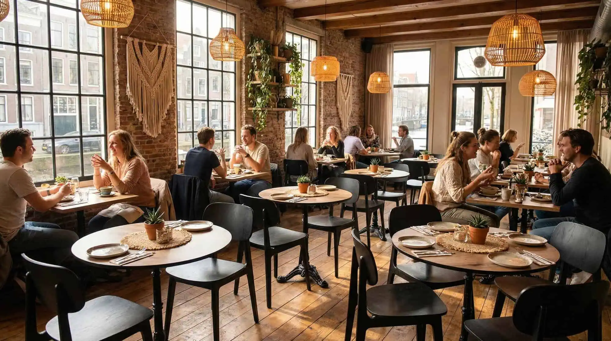 Super-Seat | Scandinavische design stoelen Bonn zwart | Zwarte stoel, houten vloer, tafels, barkrukken en planten in gezellige sfeer. | Horecameubilair