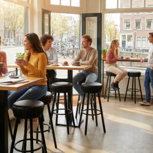 Super-Seat | Zwarte industriële barkrukken, houten tafels; café vol planten, grote ramen en uitzicht buiten. | Horecameubilair