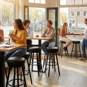 Super-Seat | Zwarte industriële barkrukken, houten tafels; café vol planten, grote ramen en uitzicht buiten. | Horecameubilair