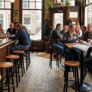 Super-Seat | Houten tafels, zwart/bruin metalen barkrukken, kroeg met grote ramen en mensen. | Horecameubilair