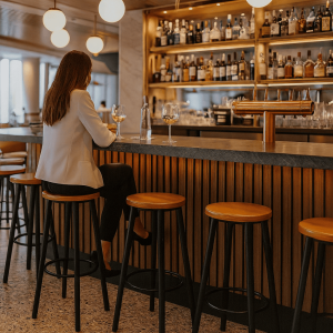 Super-Seat |Industriële barkruk van metaal met houten zitting aan een bar, vrouw geniet van sfeer. | Horecameubilair